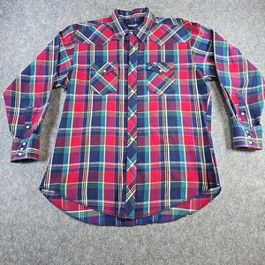 Vintage Wrangler Shirt Men's 17.5x35 Red Blue Plaid Ivory Snap Western Button Up
